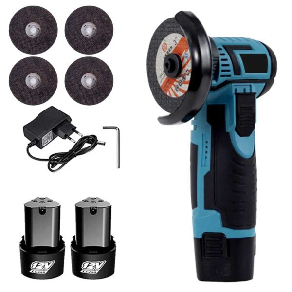 Mini Polizor Unghiular Electric 12V, 2 Acumulatori Reîncărcabili, 4 Discuri Incluse, Disc 76 mm, Design Compact și Puternic, Ideal pentru Tăiere, Polizare și Debavurare