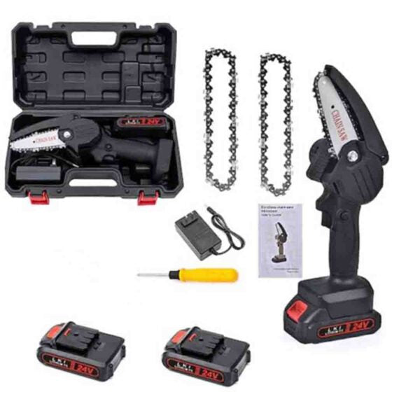 Mini Fierăstrău Electric 6 Inch – 15 cm, 24V, 2 Acumulatori, Trusă Plastic pentru Depozitare + 1 Lanț Cadou, Tăiere Lemn și Crengi, Portabil și Puternic