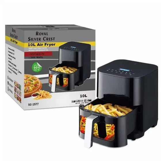 Friteuză cu Aer Cald 2400W – Capacitate 10 Litri, Funcții de Coacere, Prăjire și Grătar, Control Digital, Temporizator, Gătire Fără Ulei, Accesorii Incluse