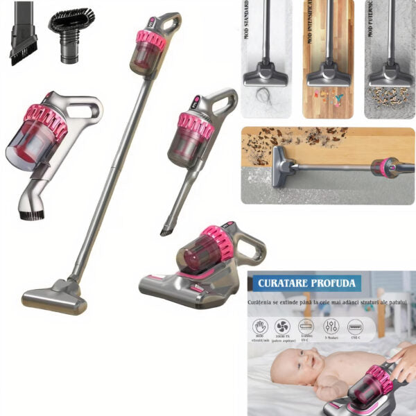Aspirator Vertical 4 în 1 Fără Fir – 117 cm, Sterilizare UV, Încărcare USB, Portabil, Multifuncțional cu Accesorii pentru Podele, Mobilă și Colțuri