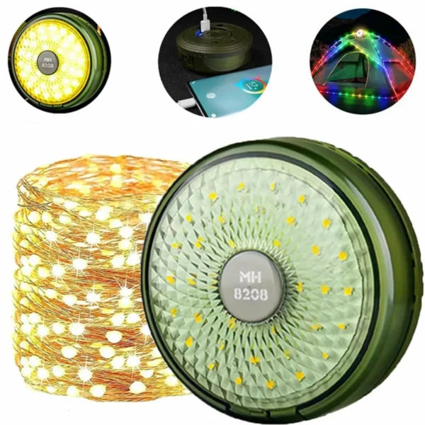 Ghirlandă Luminoasă LED Camping 10M cu Lanternă, Power Bank, Reîncărcabilă USB, 8 Moduri Iluminare, Carcasă Verde, Agățătoare Inclusă, Portabilă pentru Cort, Drumeții sau Terasă