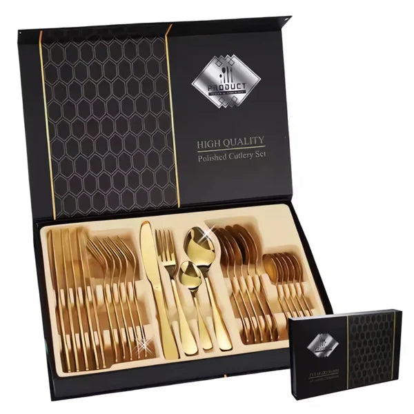 Set 24 Tacâmuri Aurii Teno1858 – Oțel Inoxidabil Premium, Design Elegant, Rezistență la Uzură, Finisaj Luxos, Cutie Depozitare Inclusă, Pentru 6 Persoane