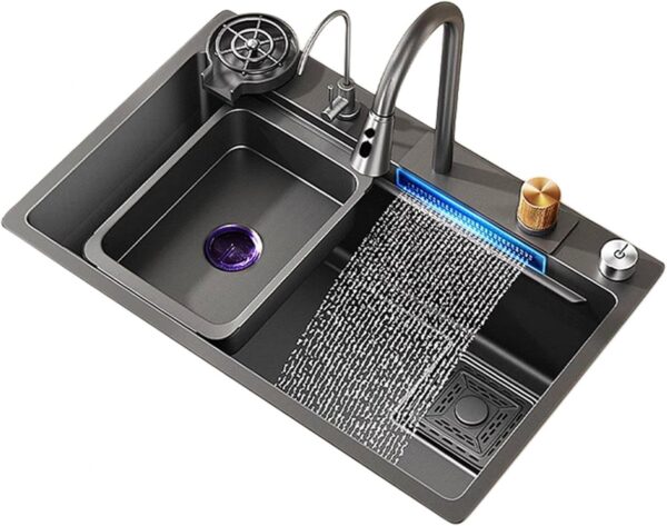 Set Chiuvetă Bucătărie Gri Antracit cu Baterie Duș Extractibil – Cuva Adâncă, Accesorii Incluse, Montaj Pe Blat, Rezistență Termică și la Zgârieturi