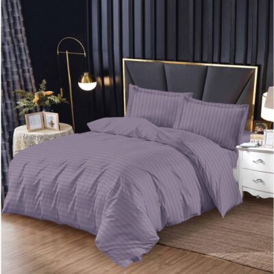 Lenjerie de Pat Dublu 4 Piese cu Elastic, Damasc Finet, Culoare Uni Mov Închis, Material Moale și Dens, Set Complet cu Cearceaf și Fețe de Pernă, Potrivit pentru Pat 2 Persoane