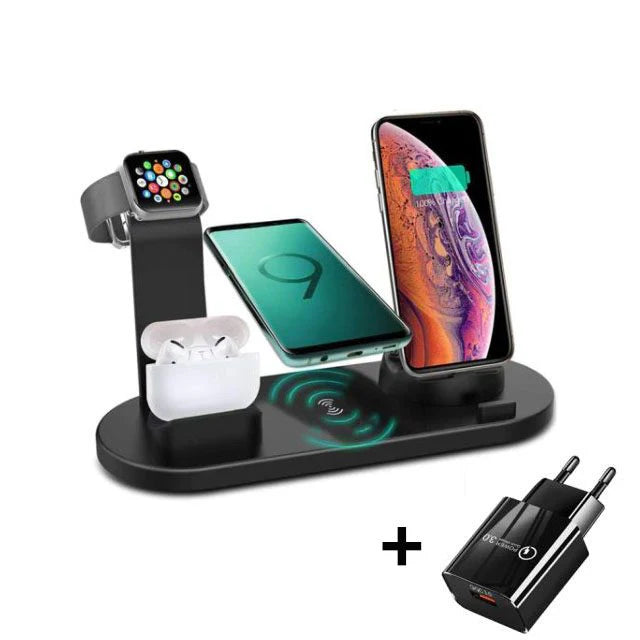 Suport de incarcare 4 in 1, Kephe, Wireless Charging, 6 Conectori, Universal, Negru