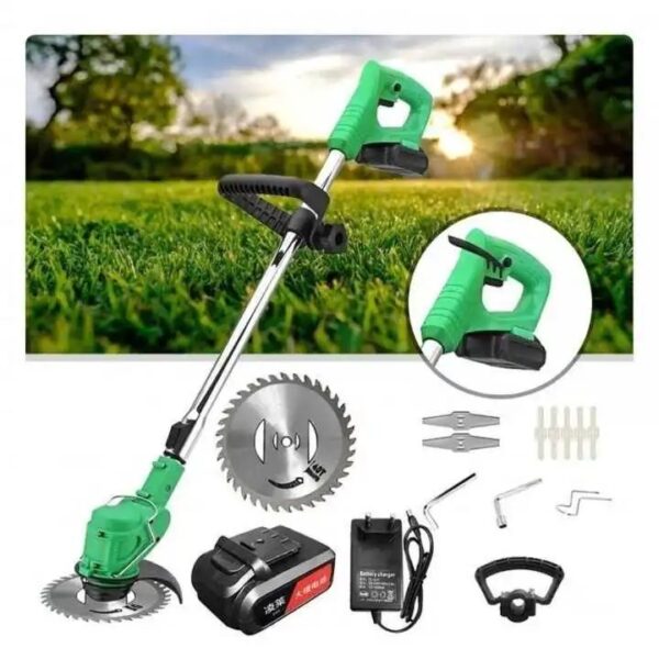 Motocoasă Electrică cu Acumulator 36V Inclus, 7 Lame și 1 Disc de Tăiere, Braț Reglabil, Ușoară și Silențioasă, Ideală pentru Iarbă, Plante și Vegetație Densă
