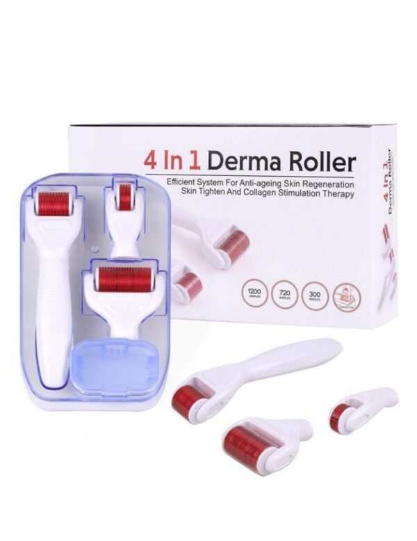Dermaroller 4 în 1 cu Ace din Oțel Inoxidabil, Rulou Dermatologic pentru Tratament Facial și Corporal, Anti-Rid, Cicatrici, Vergeturi, Regenerare Colagen