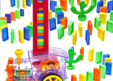Tren Interactiv Electric cu 60 Piese Domino, Lumină și Sunet, Încărcare Automată de Piese, Joc Creativ pentru Copii, Funcționare cu Baterii, Include Accesorii de Joacă
