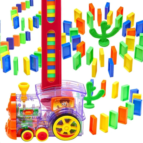 Tren Interactiv Electric cu 60 Piese Domino, Lumină și Sunet, Încărcare Automată de Piese, Joc Creativ pentru Copii, Funcționare cu Baterii, Include Accesorii de Joacă