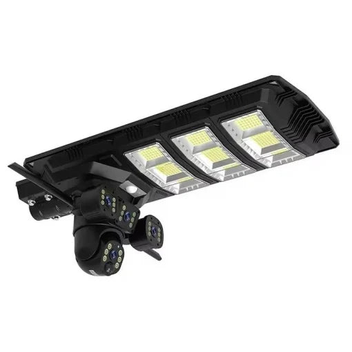 Lampă Solară LED 450W cu 3 Camere de Supraveghere 4G, Slot SIM, Rezoluție 12MP, Viziune Nocturnă, Audio Bidirecțional, Detectare Mișcare, Rotativă 360°, Protecție IP65