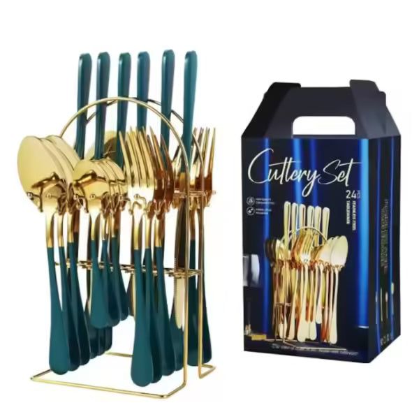 Set Tacâmuri 24 Piese cu Suport – Oțel Inoxidabil Rezistent, Design Elegant, Pentru 6 Persoane, Ideal pentru Utilizare Zilnică sau Servire Festivă