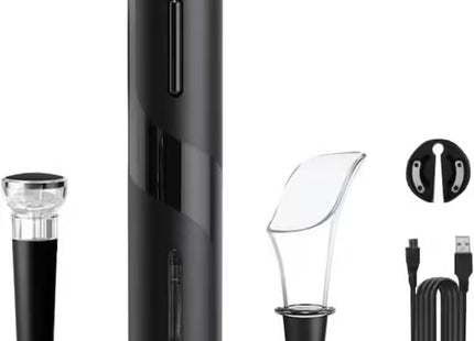 Set Desfăcător Vin Electric – Design Negru Elegant, Deschidere Automată a Sticlei, Include Foarfecă pentru Sigiliu și Aerator, Funcționare pe Baterii
