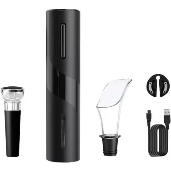 Set Desfăcător Vin Electric – Design Negru Elegant, Deschidere Automată a Sticlei, Include Foarfecă pentru Sigiliu și Aerator, Funcționare pe Baterii