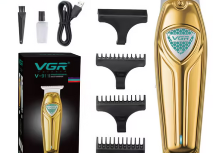 Aparat de Tuns Profesional VGR V-911 – Fără Fir, Lame Inox, Încărcare USB, Design Auriu, Motor Puternic, Piepteni de Tuns Incluși, Ideal pentru Contur și Barbă