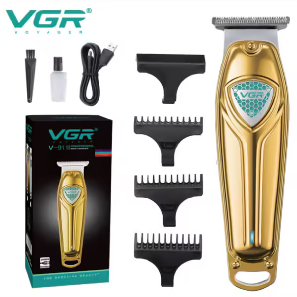 Aparat de Tuns Profesional VGR V-911 – Fără Fir, Lame Inox, Încărcare USB, Design Auriu, Motor Puternic, Piepteni de Tuns Incluși, Ideal pentru Contur și Barbă